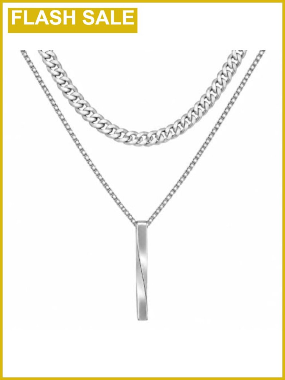 Mens Stainless Steel Layered Necklace Set Cuban Chain Bar Pendant